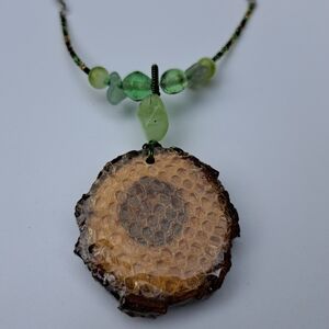 Green and Brown Beaded Necklace with Wood Pendant